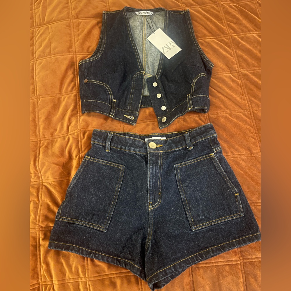 Zara Dark Blue Denim Vest and Shorts